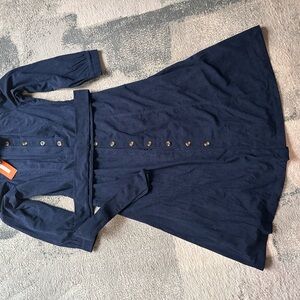 Navy Long Sleeve A-Line Midi Dress